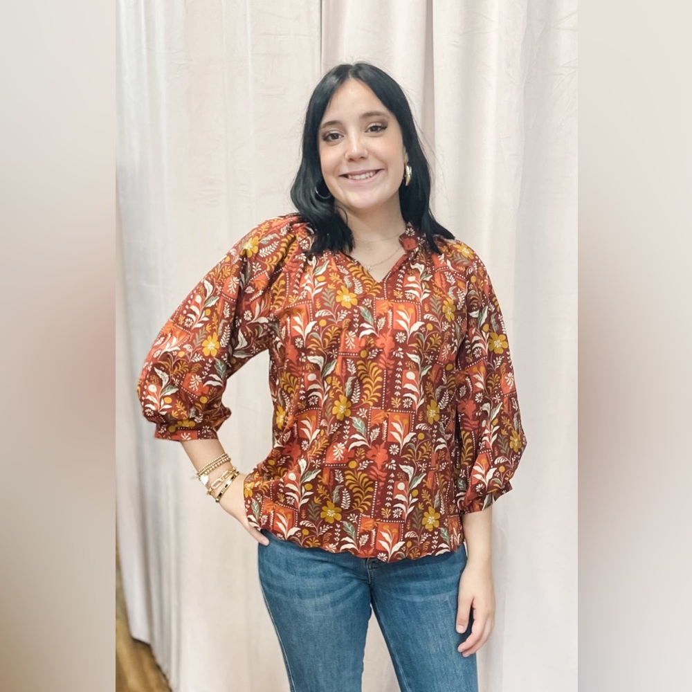 Umgee burgundy harvest and floral mix cotton fall blouse with puff sleeves C5411